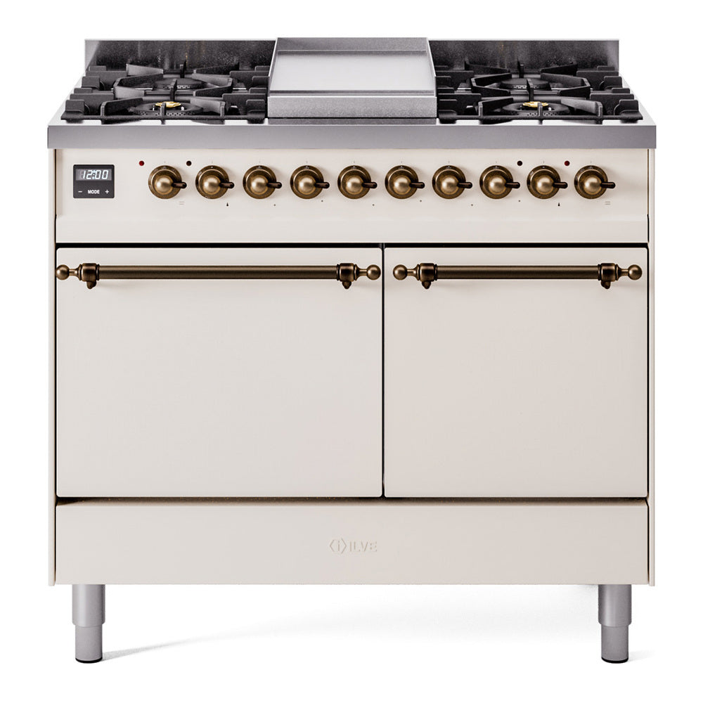 Ilve UPD40FQNMPAWB Nostalgie Ii 40 Inch Dual Fuel Natural Gas Freestanding Range In Antique White With Bronze Trim