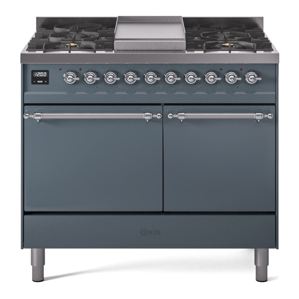 Ilve UPD40FQNMPBGC Nostalgie Ii 40 Inch Dual Fuel Natural Gas Freestanding Range In Blue Grey With Chrome Trim