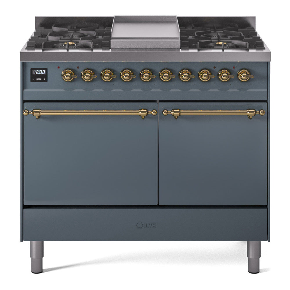 Ilve UPD40FQNMPBGG Nostalgie Ii 40 Inch Dual Fuel Natural Gas Freestanding Range In Blue Grey With Brass Trim