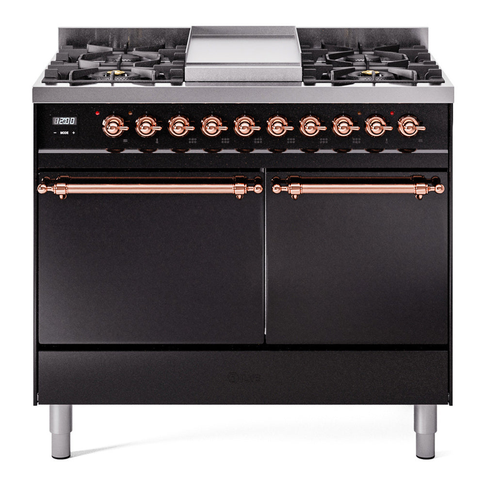 Ilve UPD40FQNMPBKPLP Nostalgie Ii 40 Inch Dual Fuel Liquid Propane Freestanding Range In Glossy Black With Copper Trim