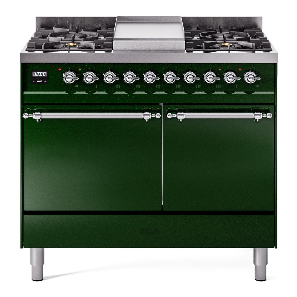 Ilve UPD40FQNMPEGC Nostalgie Ii 40 Inch Dual Fuel Natural Gas Freestanding Range In Emerald Green With Chrome Trim