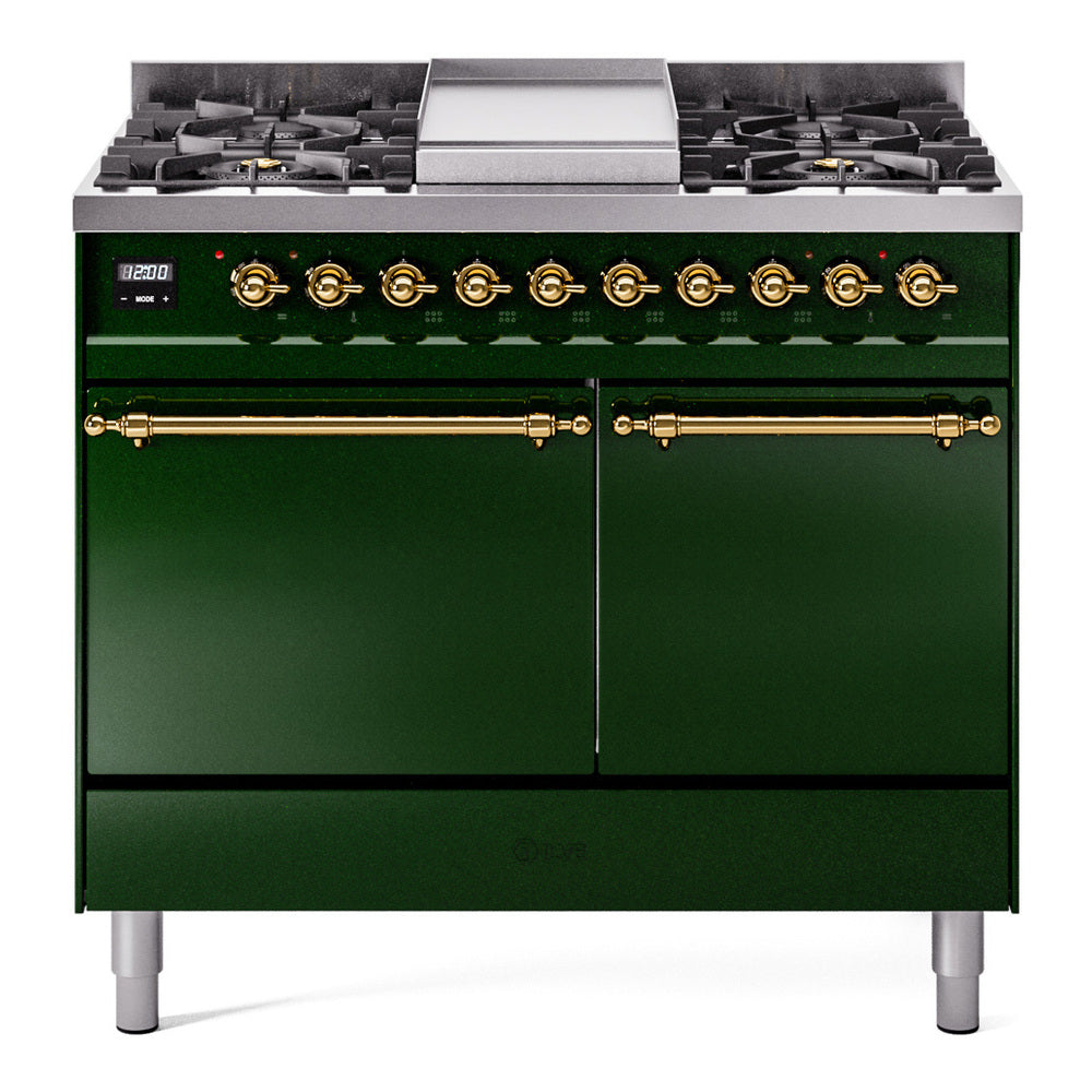 Ilve UPD40FQNMPEGG Nostalgie Ii 40 Inch Dual Fuel Natural Gas Freestanding Range In Emerald Green With Brass Trim