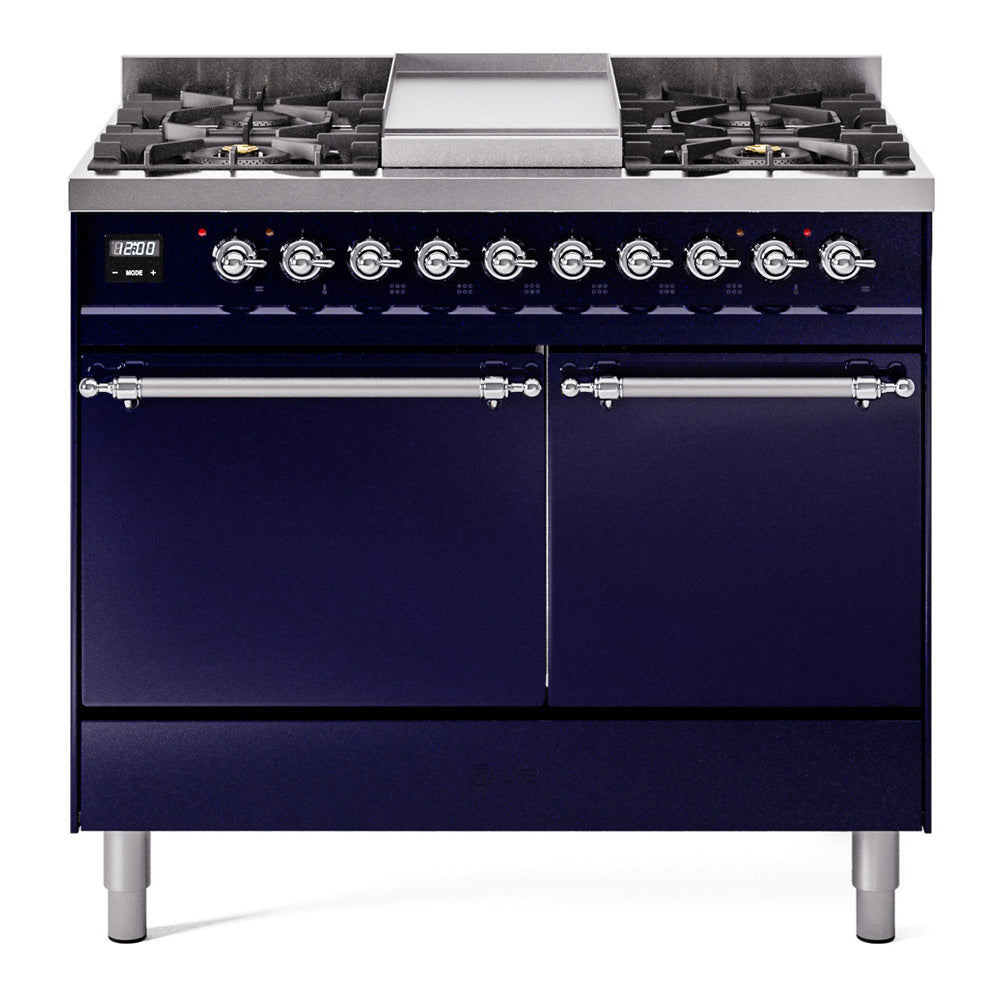 Ilve UPD40FQNMPMBCLP Nostalgie Ii 40 Inch Dual Fuel Liquid Propane Freestanding Range In Blue With Chrome Trim