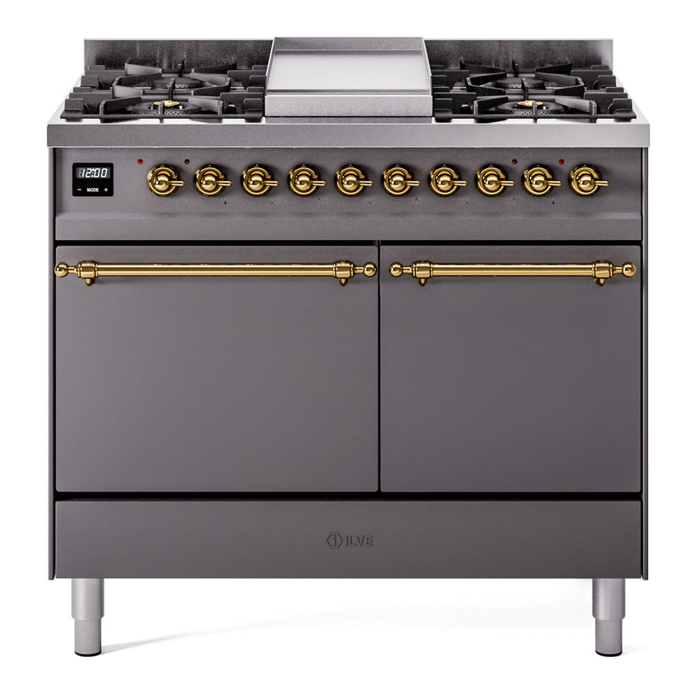 Ilve UPD40FQNMPMGG Nostalgie Ii 40 Inch Dual Fuel Natural Gas Freestanding Range In Matte Graphite With Brass Trim