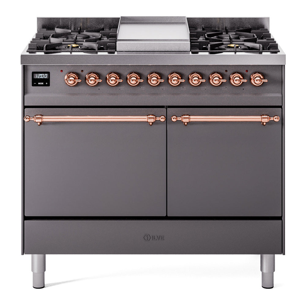 Ilve UPD40FQNMPMGP Nostalgie Ii 40 Inch Dual Fuel Natural Gas Freestanding Range In Matte Graphite With Copper Trim