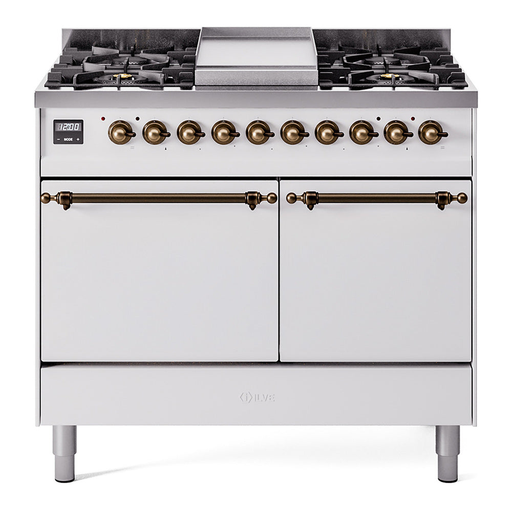Ilve UPD40FQNMPWHB Nostalgie Ii 40 Inch Dual Fuel Natural Gas Freestanding Range In White With Bronze Trim