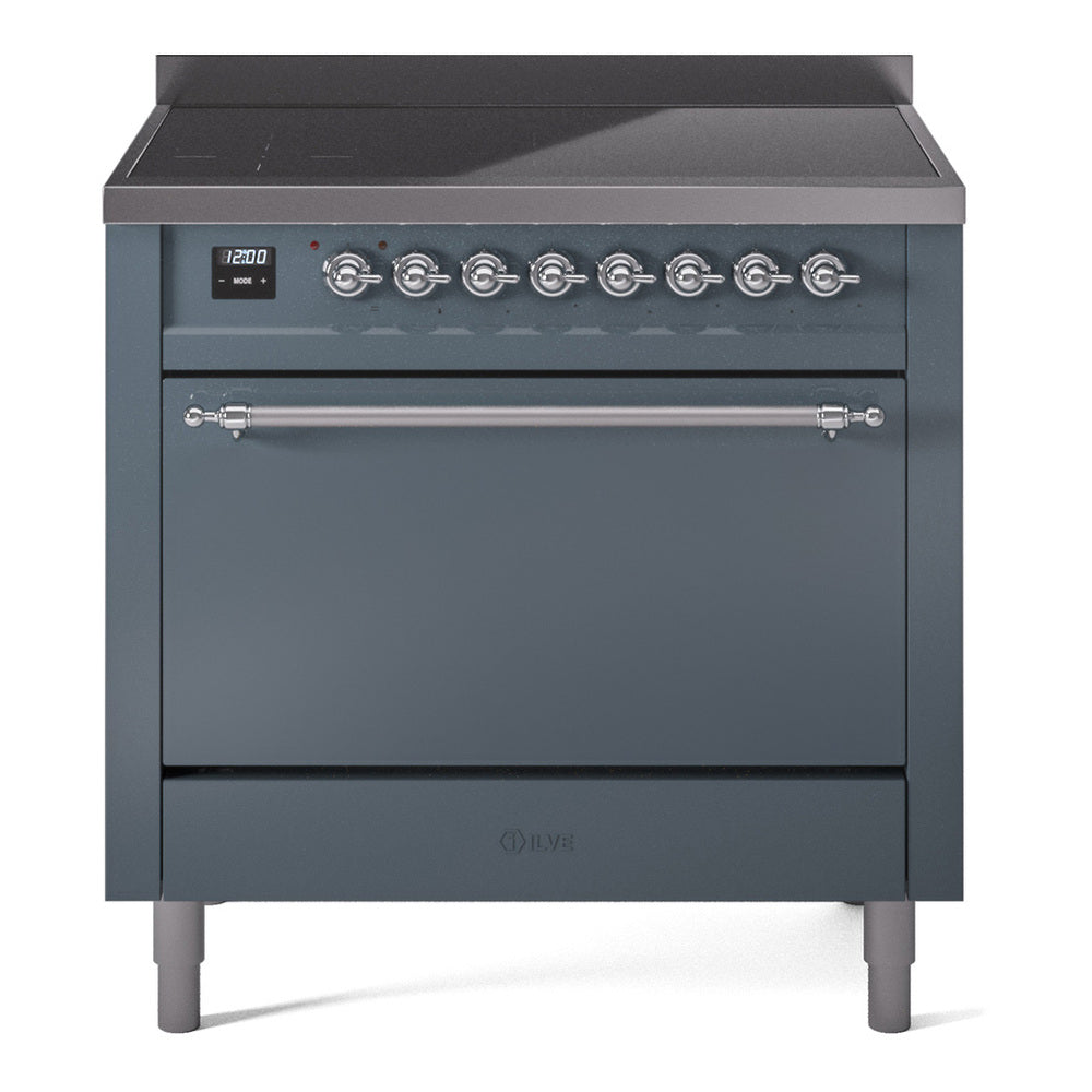 Ilve UPI366QNMPBGC Nostalgie Ii 36 Inch Electric Freestanding Range In Blue Grey With Chrome Trim