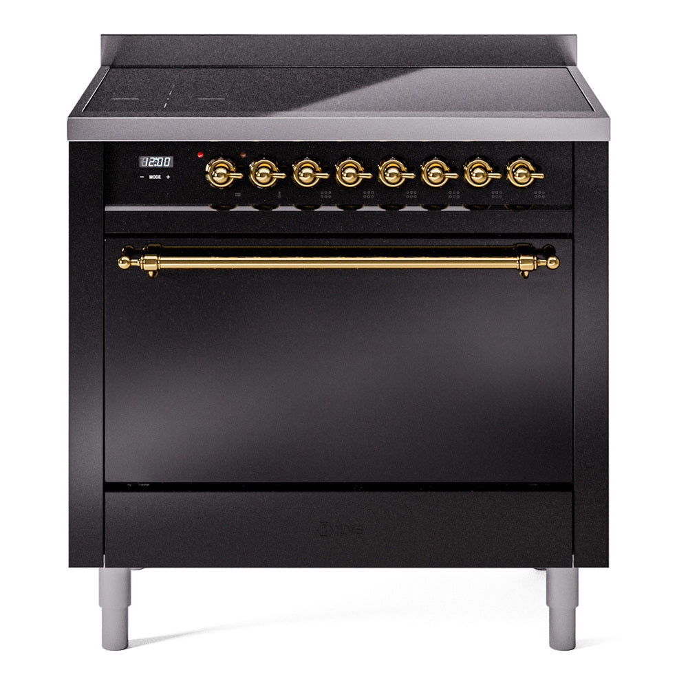 Ilve UPI366QNMPBKG Nostalgie Ii 36 Inch Electric Freestanding Range In Glossy Black With Brass Trim