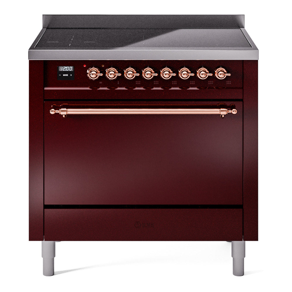 Ilve UPI366QNMPBUB Nostalgie Ii 36 Inch Electric Freestanding Range In Burgundy With Bronze Trim
