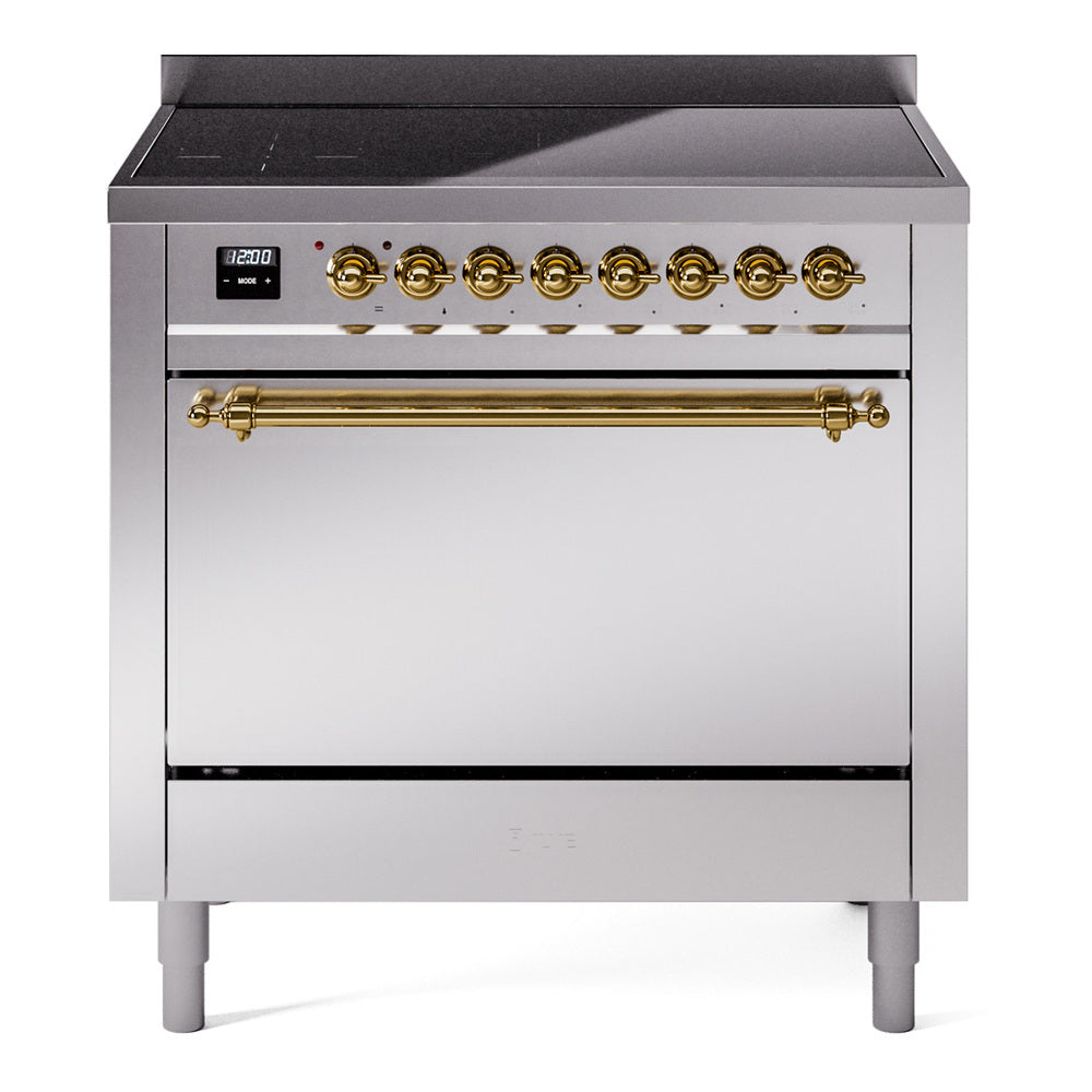 Ilve UPI366QNMPSSG Nostalgie Ii 36 Inch Electric Freestanding Range In Stainless Steel With Brass Trim