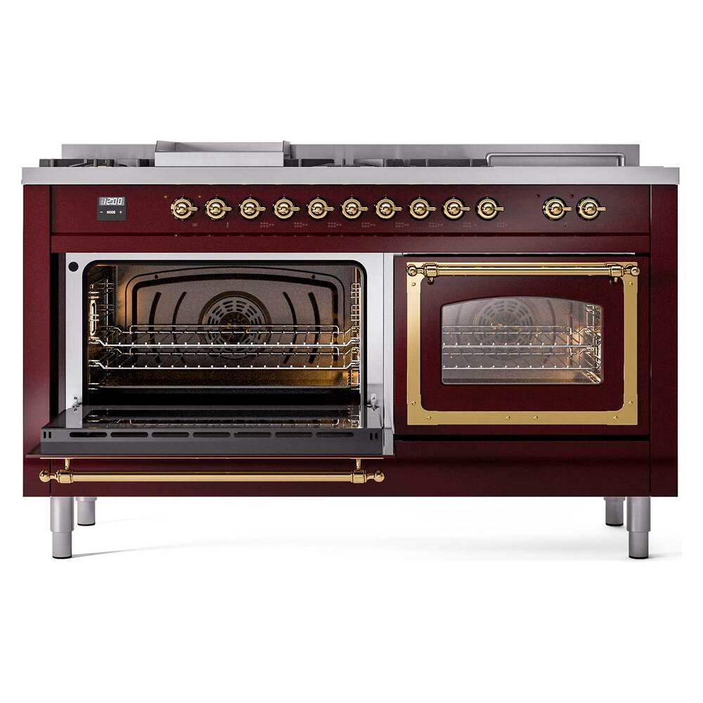 Ilve UN60FSNMPBUGLP Ilve Un60Fsnmpbuglp Nostalgie Ii Noblesse 60" Dual Fuel Range (7 Sealed Burners + Griddle + French Top, Liquid Propane, Triple Glass Door, Burgundy, Brass)