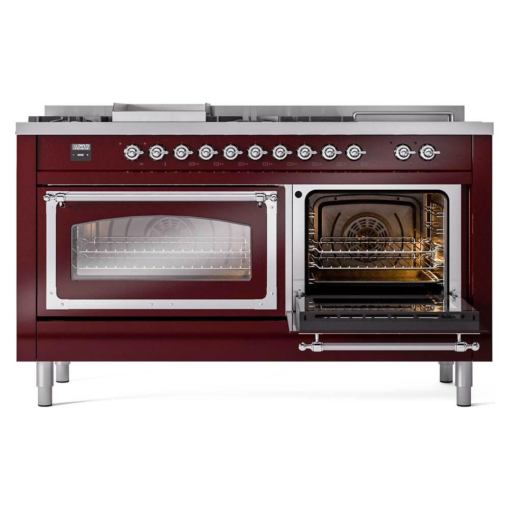 Ilve UN60FSNMPBUCLP Ilve Un60Fsnmpbuclp Nostalgie Ii Noblesse 60" Dual Fuel Range (7 Sealed Burners + Griddle + French Top, Liquid Propane, Triple Glass Door, Burgundy, Chrome)