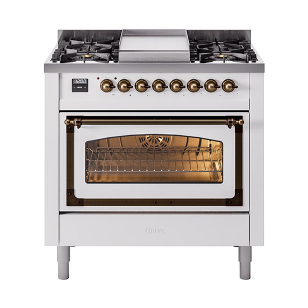 Ilve UN36FNMPWHBLP Ilve Un36Fnmpwhblp Nostalgie Ii Noblesse 36" Dual Fuel Range (Liquid Propane, Triple Glass Door, White, Burnished)