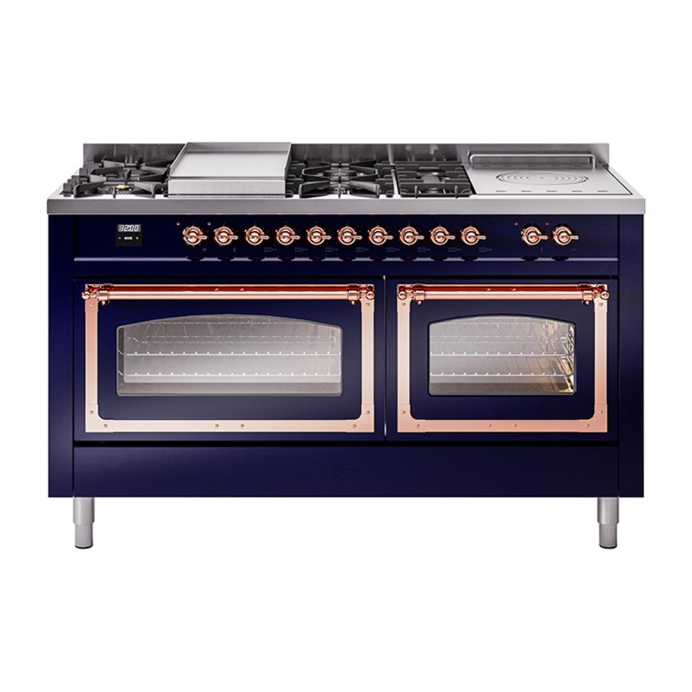 Ilve UN60FSNMPMBPLP Ilve Un60Fsnmpmbplp Nostalgie Ii Noblesse 60" Dual Fuel Range (7 Sealed Burners + Griddle + French Top, Liquid Propane, Triple Glass Door, Midnight Blue, Copper)