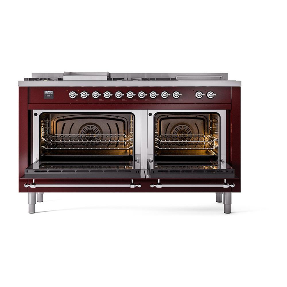 Ilve UN60FSNMPBUC Ilve Un60Fsnmpbuc Nostalgie Ii Noblesse 60" Dual Fuel Range (7 Sealed Burners + Griddle + French Top, Natural Gas, Triple Glass Door, Burgundy, Chrome)