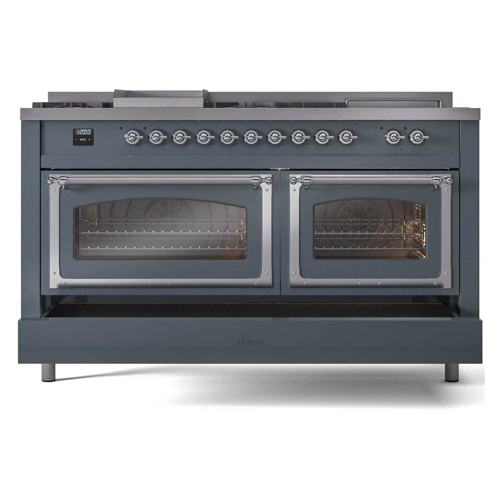 Ilve UN60FSNMPBGCLP Ilve Un60Fsnmpbgclp Nostalgie Ii Noblesse 60" Dual Fuel Range (7 Sealed Burners + Griddle + French Top, Liquid Propane, Triple Glass Door, Blue Grey, Chrome)