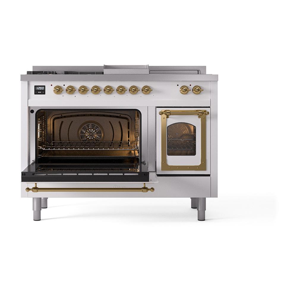 Ilve UN48FSNMPRAGLP Ilve Un48Fsnmpraglp Nostalgie Ii Noblesse 48" Dual Fuel Range (5 Sealed Burners + Griddle + French Top, Liquid Propane, Triple Glass Door, Ral, Brass)