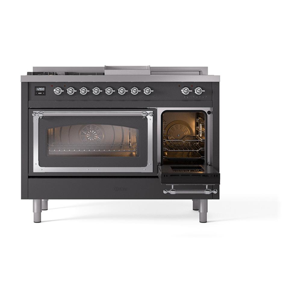 Ilve UN48FSNMPMGCLP Ilve Un48Fsnmpmgclp Nostalgie Ii Noblesse 48" Dual Fuel Range (5 Sealed Burners + Griddle + French Top, Liquid Propane, Triple Glass Door, Graphite Matte, Chrome)