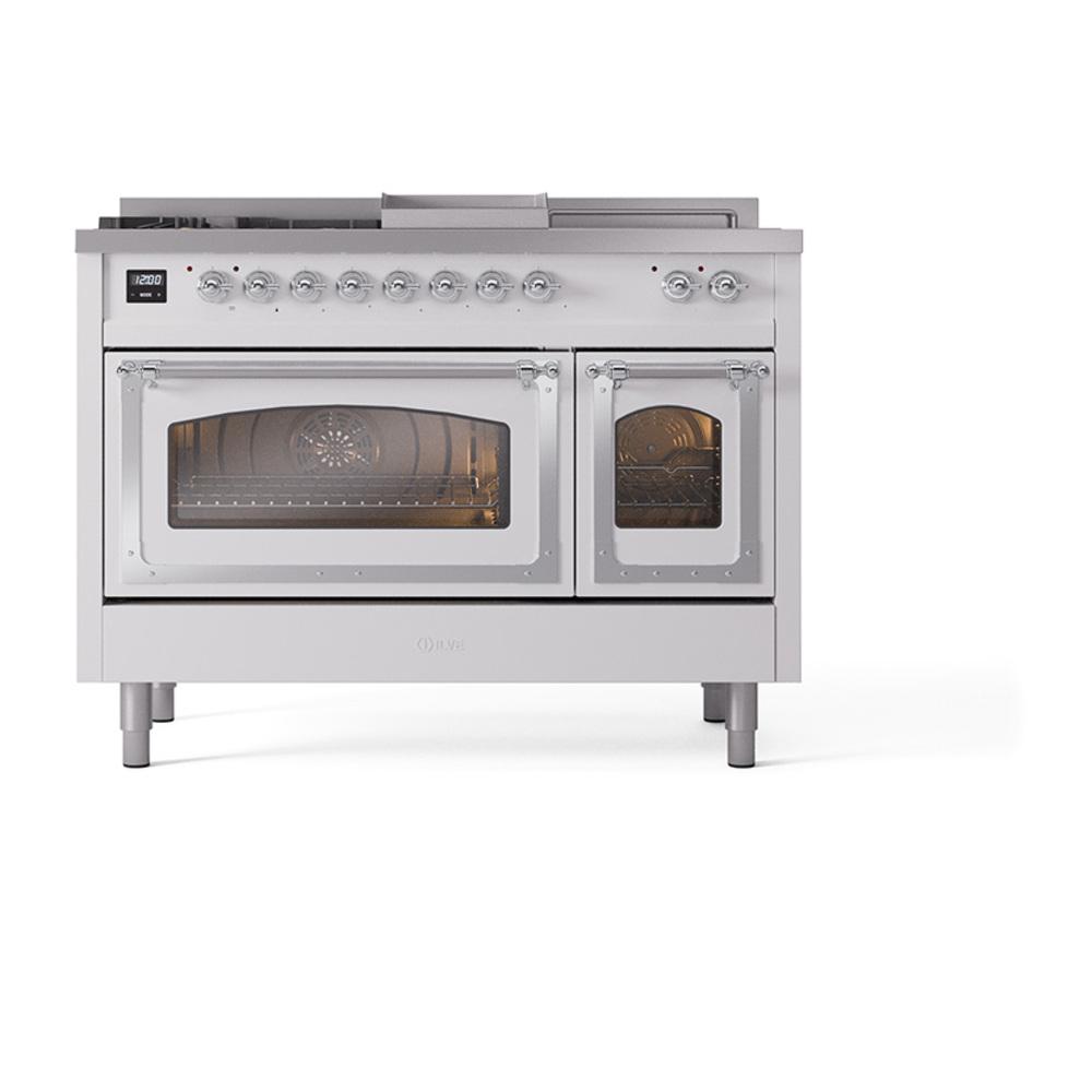 Ilve UN48FSNMPWHC Ilve Un48Fsnmpwhc Nostalgie Ii Noblesse 48" Dual Fuel Range (5 Sealed Burners + Griddle + French Top, Natural Gas, Triple Glass Door, White, Chrome)