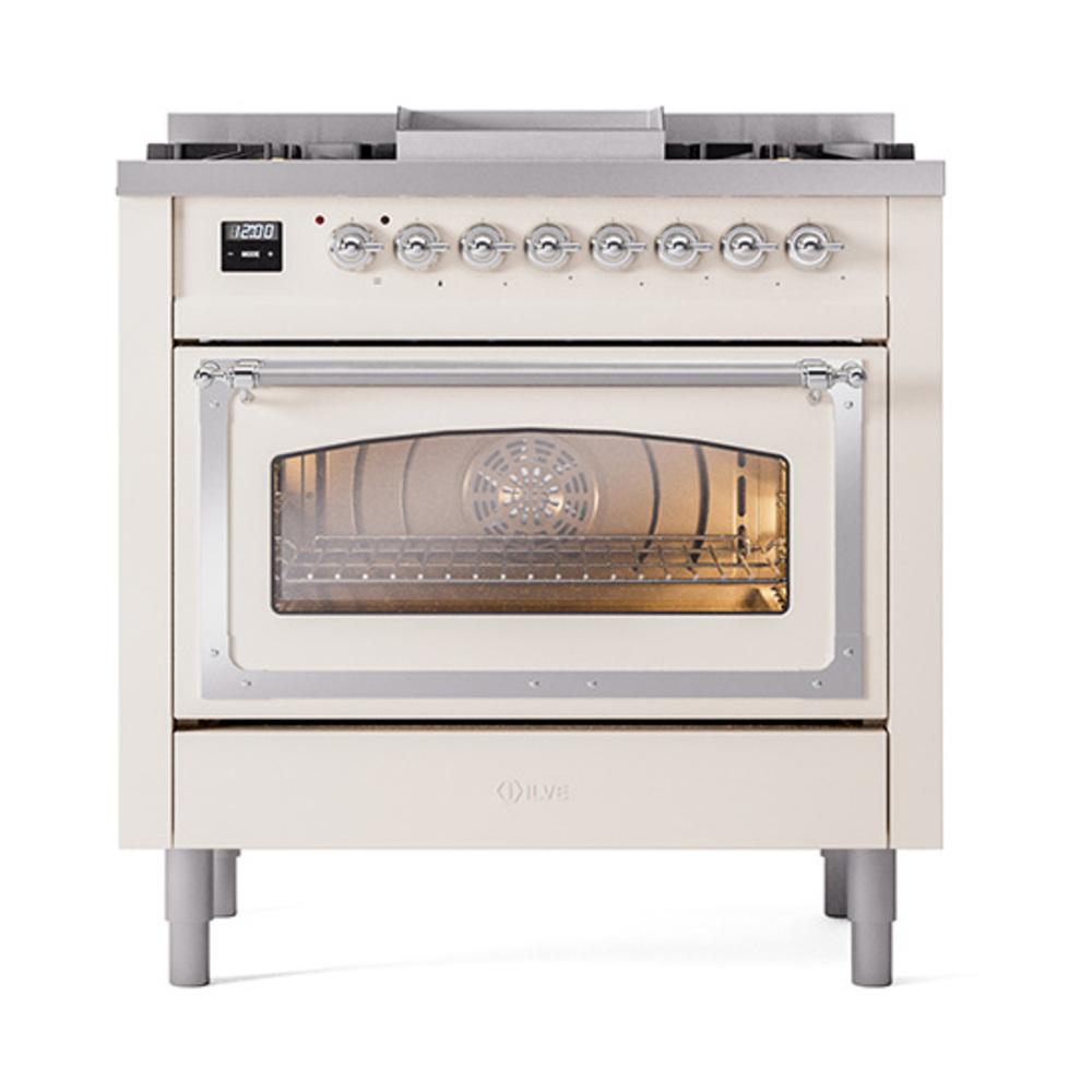 Ilve UN36FNMPAWCLP Ilve Un36Fnmpawclp Nostalgie Ii Noblesse 36" Dual Fuel Range (Liquid Propane, Triple Glass Door, Antique White, Chrome)