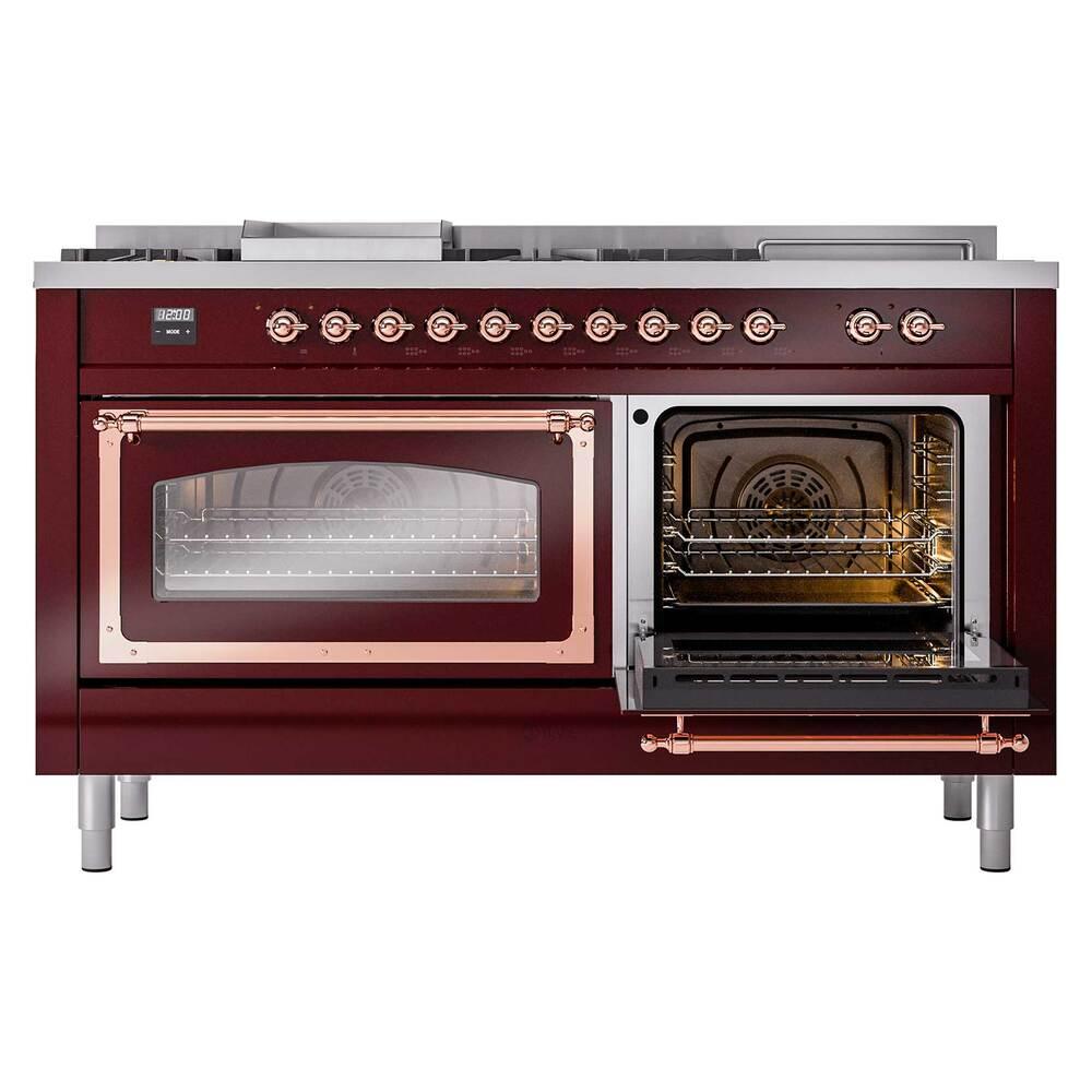 Ilve UN60FSNMPBUPLP Ilve Un60Fsnmpbuplp Nostalgie Ii Noblesse 60" Dual Fuel Range (7 Sealed Burners + Griddle + French Top, Liquid Propane, Triple Glass Door, Burgundy, Copper)
