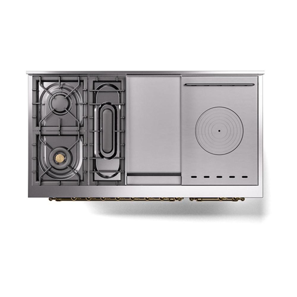 Ilve UN48FSQNMPEGGLP Ilve Un48Fsqnmpegglp Nostalgie Ii Noblesse 48" Dual Fuel Range (5 Sealed Burners + Griddle + French Top, Liquid Propane, Solid Door, Emerald Green, Brass)