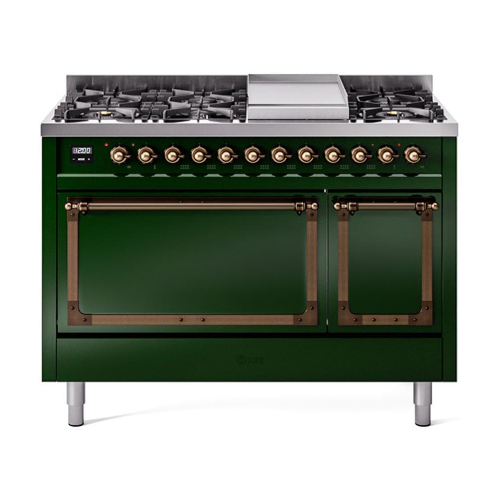 Ilve UN48FQNMPEGBLP Ilve Un48Fqnmpegblp Nostalgie Ii Noblesse 48" Dual Fuel Range (8 Sealed Burners + Griddle, Liquid Propane, Solid Door, Emerald Green, Burnished)