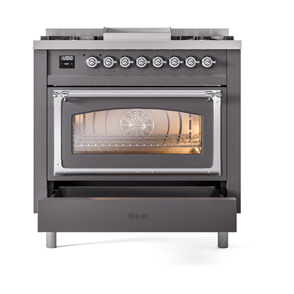 Ilve UN36FNMPMGCLP Ilve Un36Fnmpmgclp Nostalgie Ii Noblesse 36" Dual Fuel Range (Liquid Propane, Triple Glass Door, Graphite Matte, Chrome)
