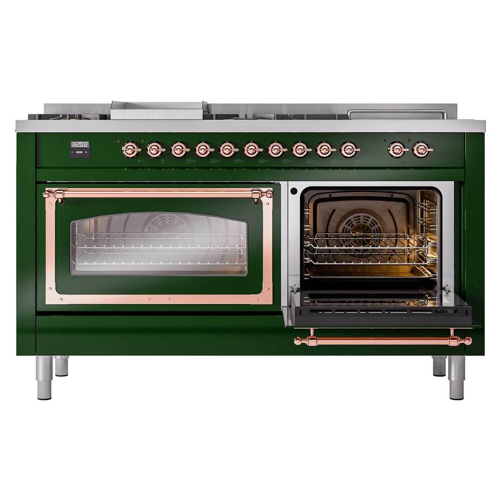 Ilve UN60FSNMPEGPLP Ilve Un60Fsnmpegplp Nostalgie Ii Noblesse 60" Dual Fuel Range (7 Sealed Burners + Griddle + French Top, Liquid Propane, Triple Glass Door, Emerald Green, Copper)