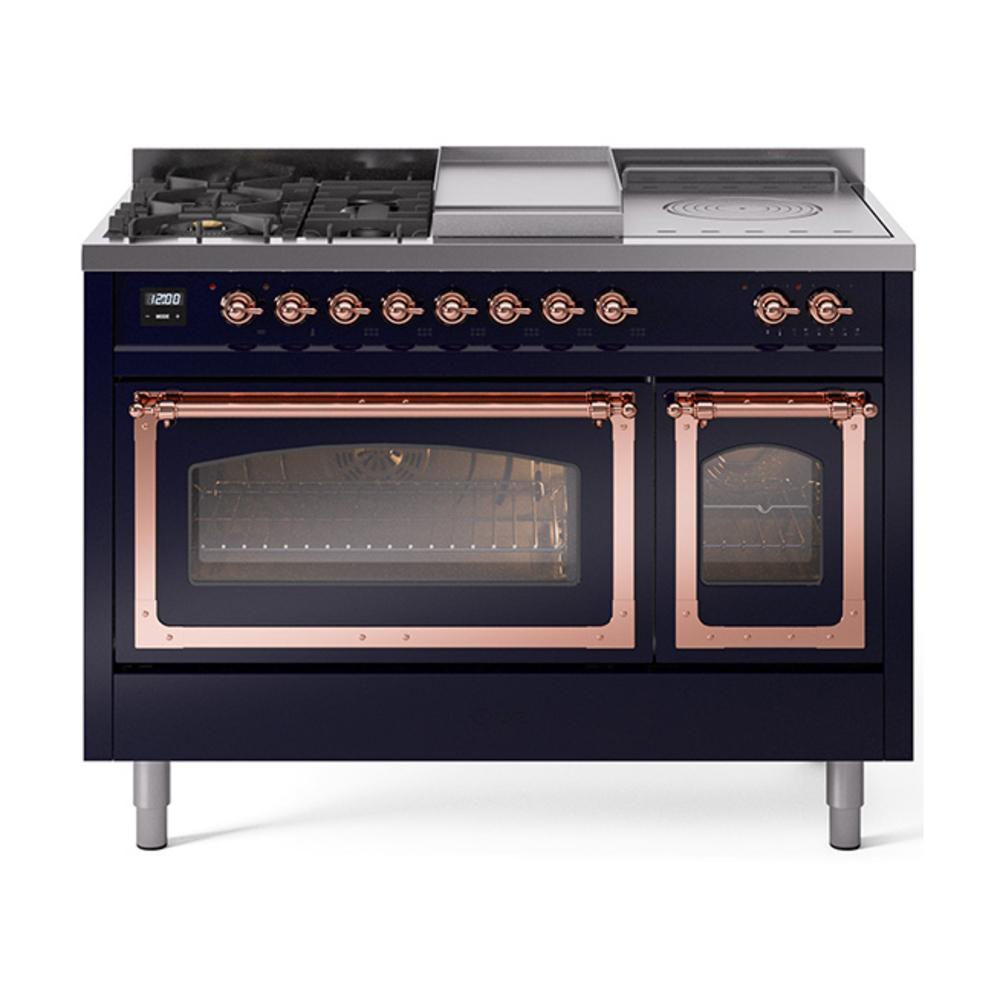 Ilve UN48FSNMPMBP Ilve Un48Fsnmpmbp Nostalgie Ii Noblesse 48" Dual Fuel Range (5 Sealed Burners + Griddle + French Top, Natural Gas, Triple Glass Door, Midnight Blue, Copper)