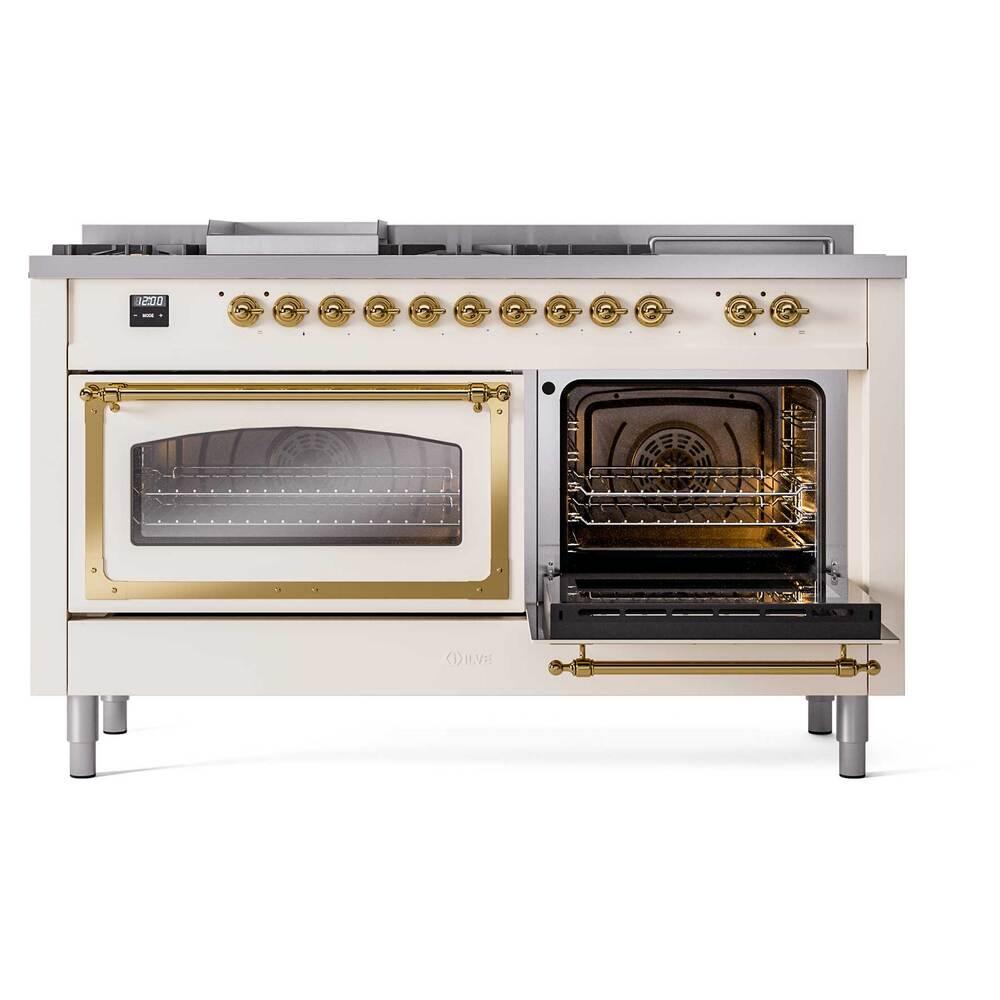 Ilve UN60FSNMPAWGLP Ilve Un60Fsnmpawglp Nostalgie Ii Noblesse 60" Dual Fuel Range (7 Sealed Burners + Griddle + French Top, Liquid Propane, Triple Glass Door, Antique White, Brass)
