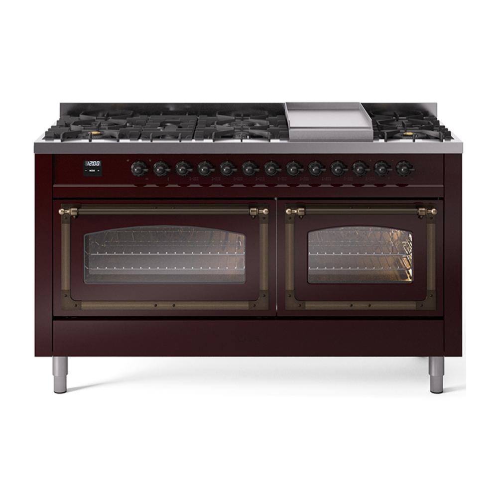 Ilve UN60FNMPBUBLP Ilve Un60Fnmpbublp Nostalgie Ii Noblesse 60" Dual Fuel Range (9 Sealed Burners + Griddle, Liquid Propane, Triple Glass Door, Burgundy, Burnished)