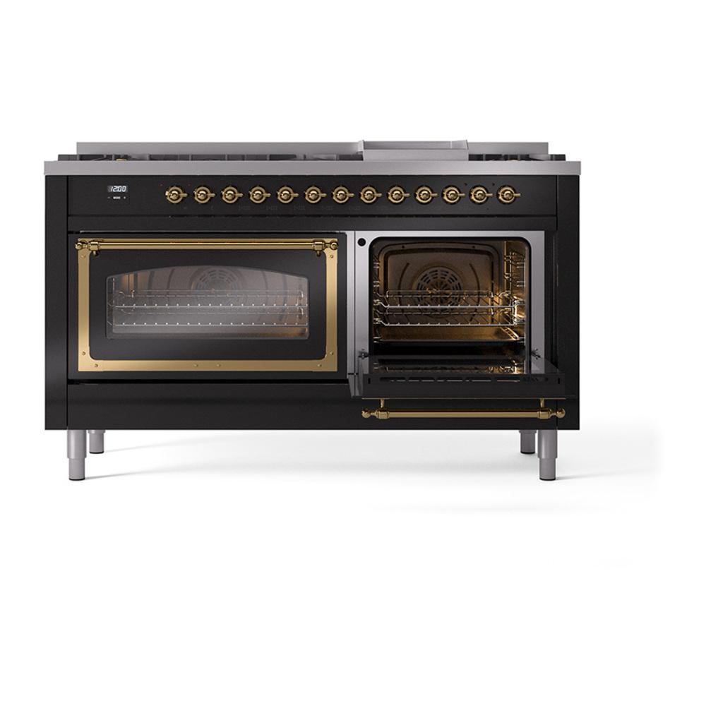 Ilve UN60FNMPBKG Ilve Un60Fnmpbkg Nostalgie Ii Noblesse 60" Dual Fuel Range (9 Sealed Burners + Griddle, Natural Gas, Triple Glass Door, Glossy Black, Brass)