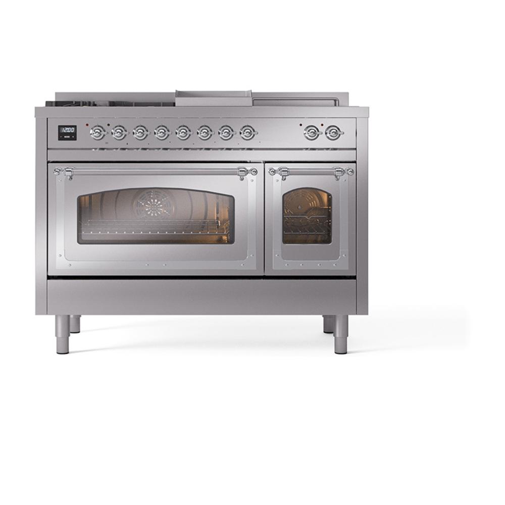 Ilve UN48FSNMPSSC Ilve Un48Fsnmpssc Nostalgie Ii Noblesse 48" Dual Fuel Range (5 Sealed Burners + Griddle + French Top, Natural Gas, Triple Glass Door, Stainless Steel, Chrome)
