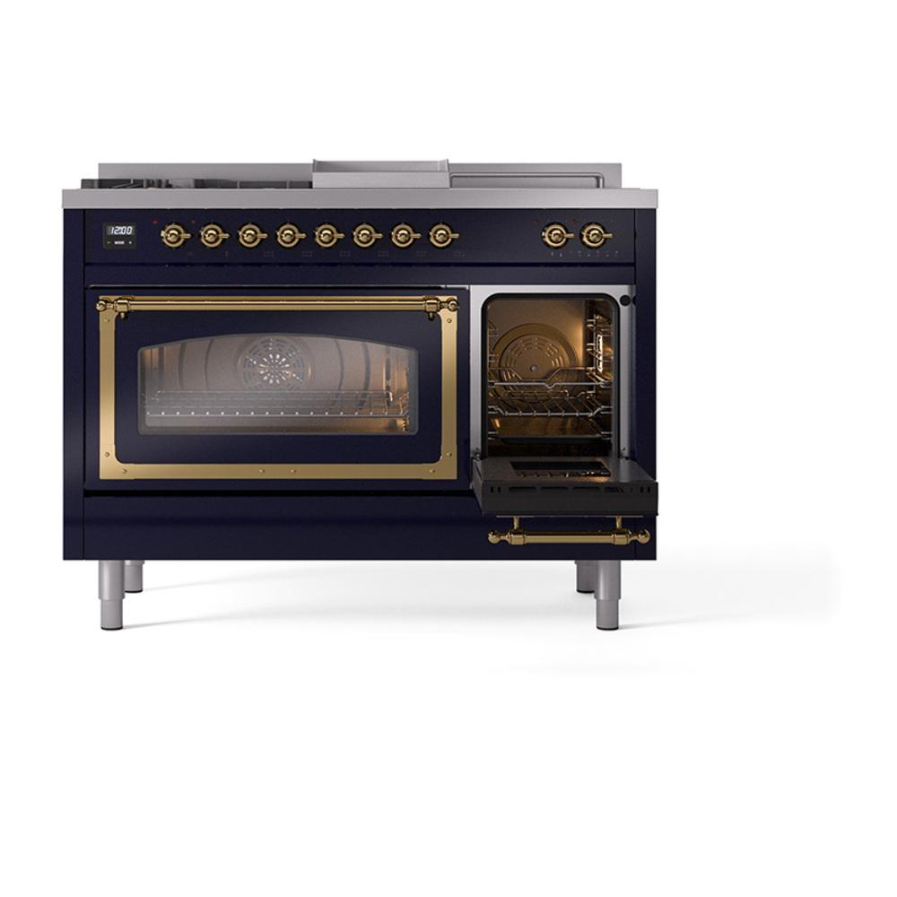 Ilve UN48FSNMPMBGLP Ilve Un48Fsnmpmbglp Nostalgie Ii Noblesse 48" Dual Fuel Range (5 Sealed Burners + Griddle + French Top, Liquid Propane, Triple Glass Door, Midnight Blue, Brass)