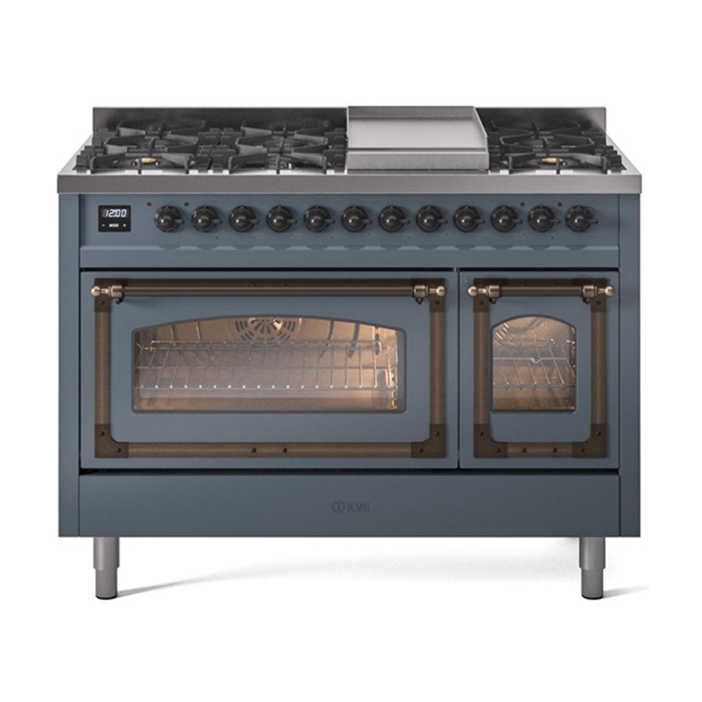 Ilve UN48FNMPBGB Ilve Un48Fnmpbgb Nostalgie Ii Noblesse 48" Dual Fuel Range (8 Sealed Burners + Griddle, Natural Gas, Triple Glass Door, Blue Grey, Burnished)