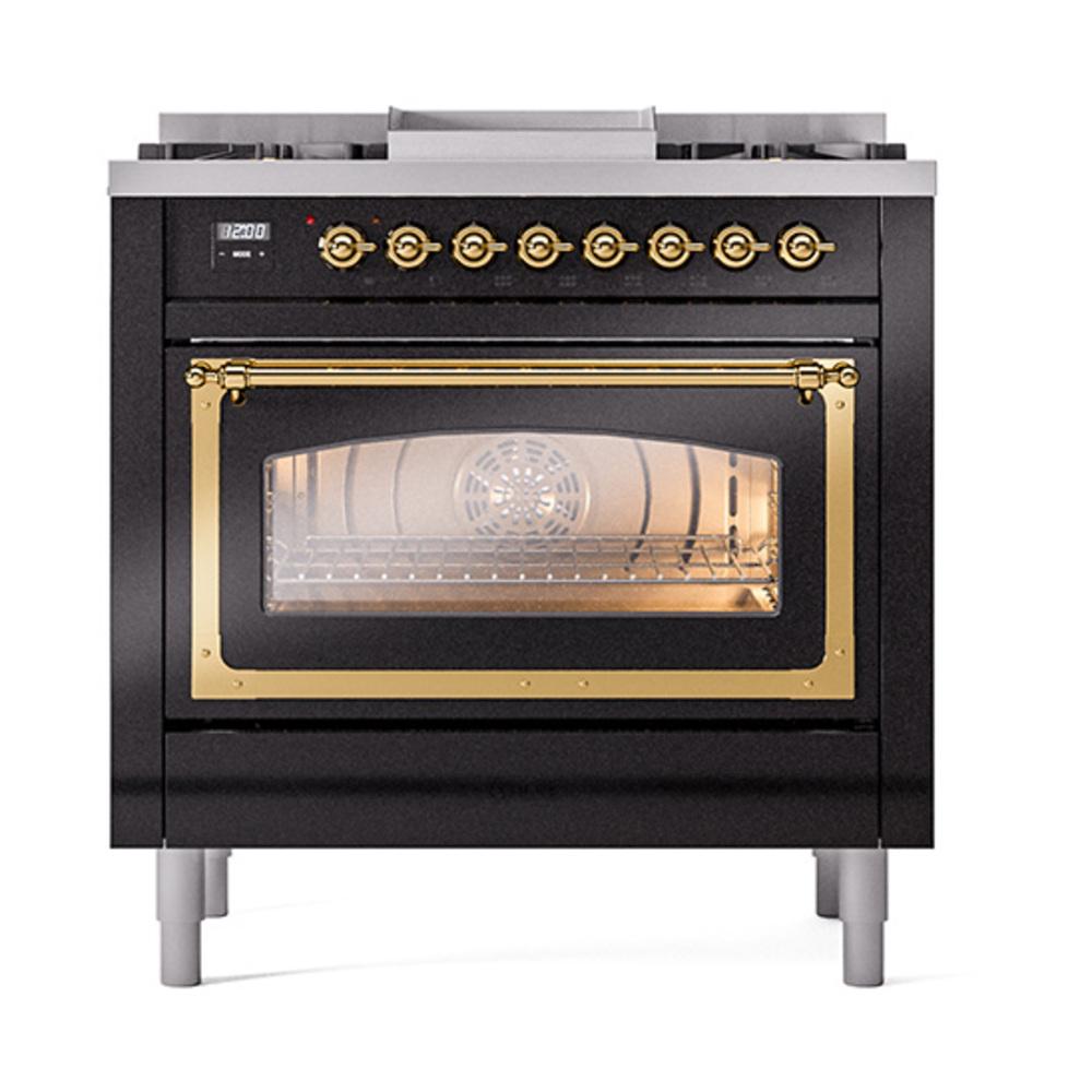 Ilve UN36FNMPBKGLP Ilve Un36Fnmpbkglp Nostalgie Ii Noblesse 36" Dual Fuel Range (Liquid Propane, Triple Glass Door, Glossy Black, Brass)