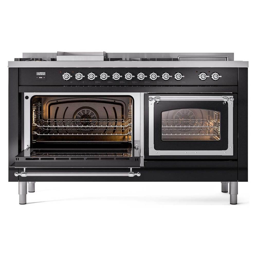 Ilve UN60FSNMPBKCLP Ilve Un60Fsnmpbkclp Nostalgie Ii Noblesse 60" Dual Fuel Range (7 Sealed Burners + Griddle + French Top, Liquid Propane, Triple Glass Door, Glossy Black, Chrome)