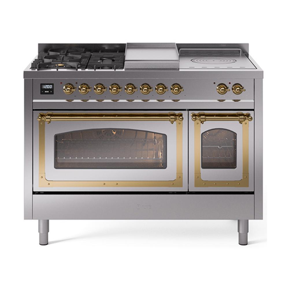 Ilve UN48FSNMPSSG Ilve Un48Fsnmpssg Nostalgie Ii Noblesse 48" Dual Fuel Range (5 Sealed Burners + Griddle + French Top, Natural Gas, Triple Glass Door, Stainless Steel, Brass)