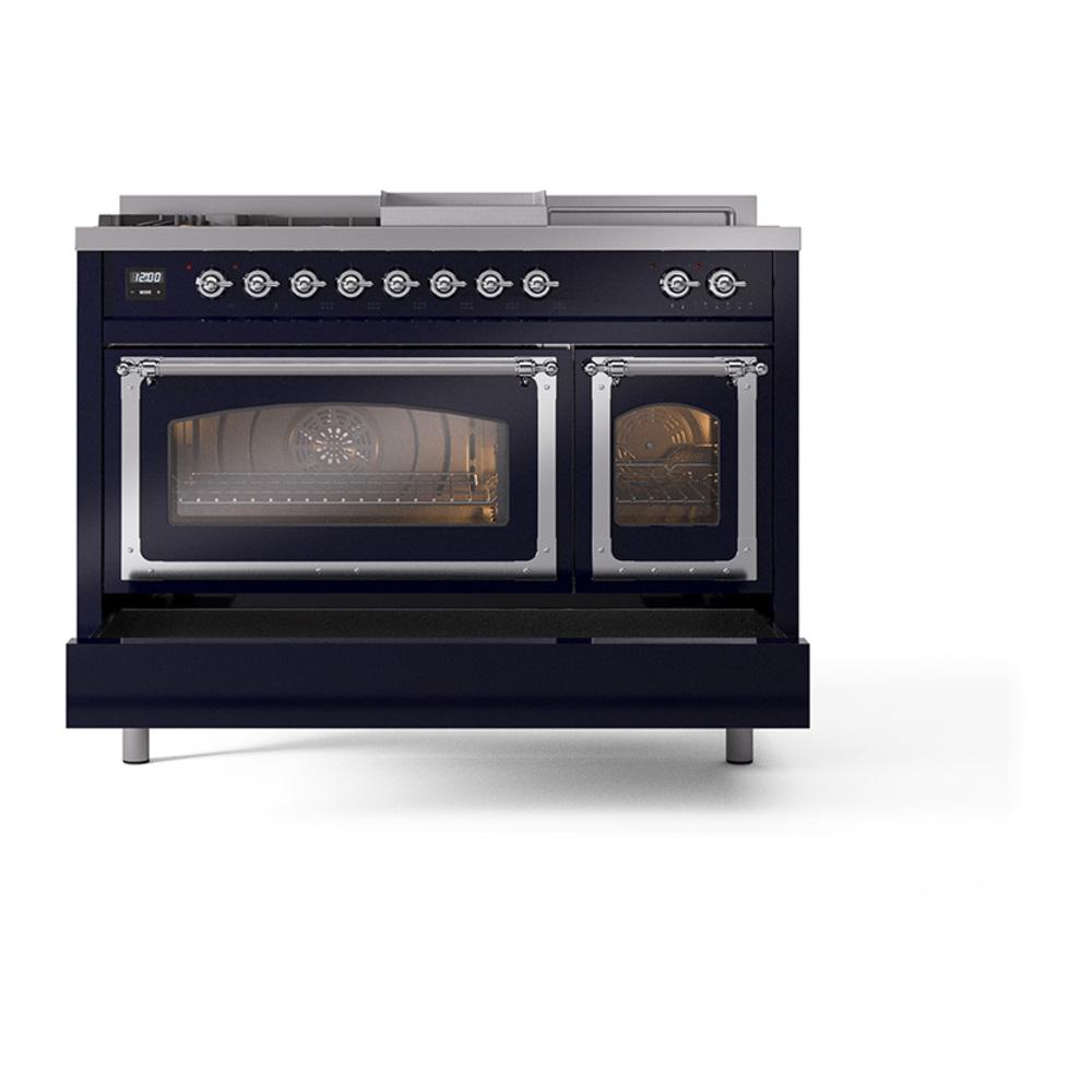 Ilve UN48FSNMPMBCLP Ilve Un48Fsnmpmbclp Nostalgie Ii Noblesse 48" Dual Fuel Range (5 Sealed Burners + Griddle + French Top, Liquid Propane, Triple Glass Door, Midnight Blue, Chrome)