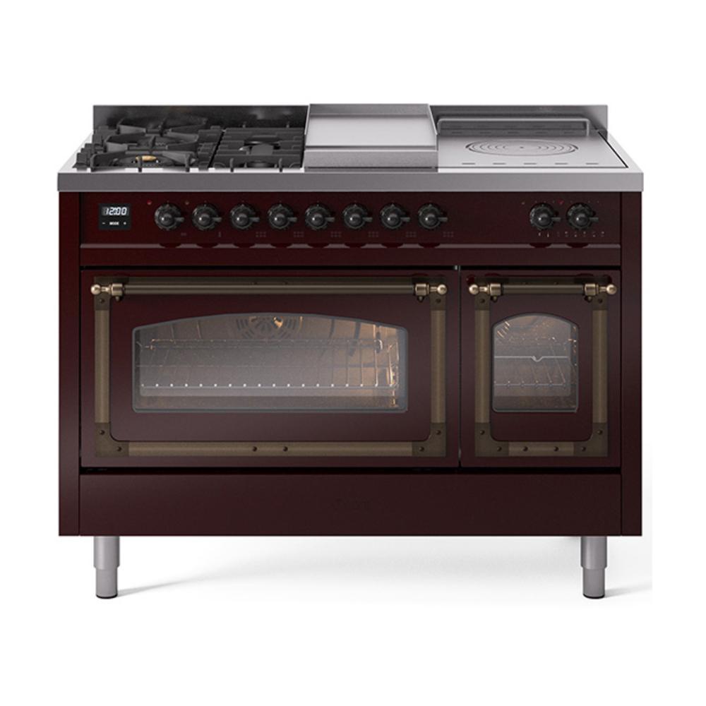 Ilve UN48FSNMPBUBLP Ilve Un48Fsnmpbublp Nostalgie Ii Noblesse 48" Dual Fuel Range (5 Sealed Burners + Griddle + French Top, Liquid Propane, Triple Glass Door, Burgundy, Burnished)