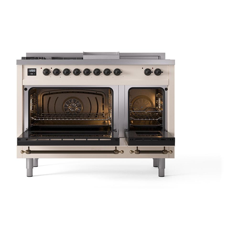 Ilve UN48FSNMPAWB Ilve Un48Fsnmpawb Nostalgie Ii Noblesse 48" Dual Fuel Range (5 Sealed Burners + Griddle + French Top, Natural Gas, Triple Glass Door, Antique White, Burnished)