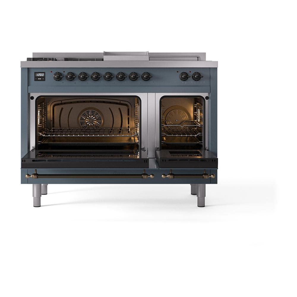 Ilve UN48FSQNMPBGBLP Ilve Un48Fsqnmpbgblp Nostalgie Ii Noblesse 48" Dual Fuel Range (5 Sealed Burners + Griddle + French Top, Liquid Propane, Solid Door, Blue Grey, Burnished)