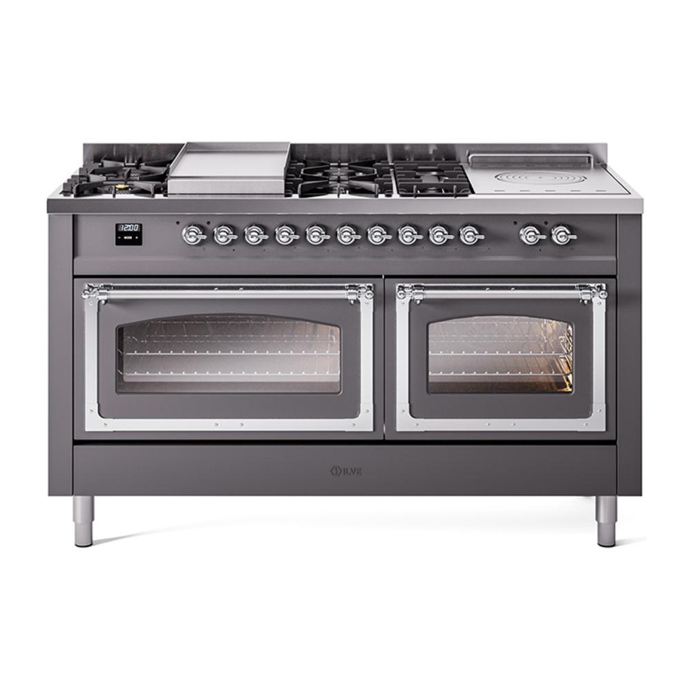Ilve UN60FSNMPMGCLP Ilve Un60Fsnmpmgclp Nostalgie Ii Noblesse 60" Dual Fuel Range (7 Sealed Burners + Griddle + French Top, Liquid Propane, Triple Glass Door, Graphite Matte, Chrome)