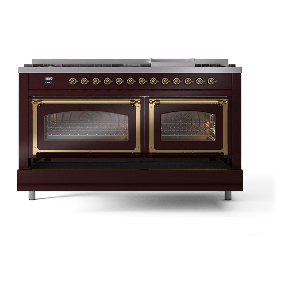 Ilve UN60FNMPBUGLP Ilve Un60Fnmpbuglp Nostalgie Ii Noblesse 60" Dual Fuel Range (9 Sealed Burners + Griddle, Liquid Propane, Triple Glass Door, Burgundy, Brass)