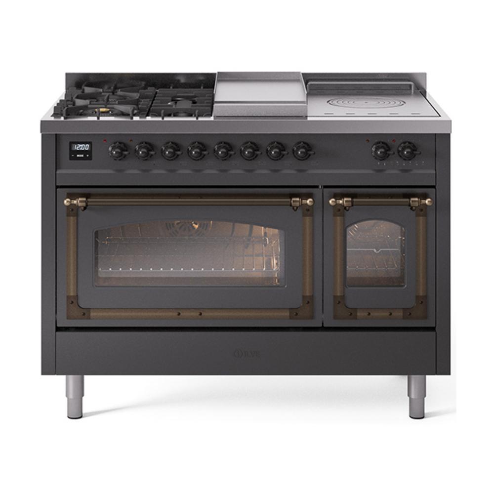Ilve UN48FSNMPMGB Ilve Un48Fsnmpmgb Nostalgie Ii Noblesse 48" Dual Fuel Range (5 Sealed Burners + Griddle + French Top, Natural Gas, Triple Glass Door, Graphite Matte, Burnished)
