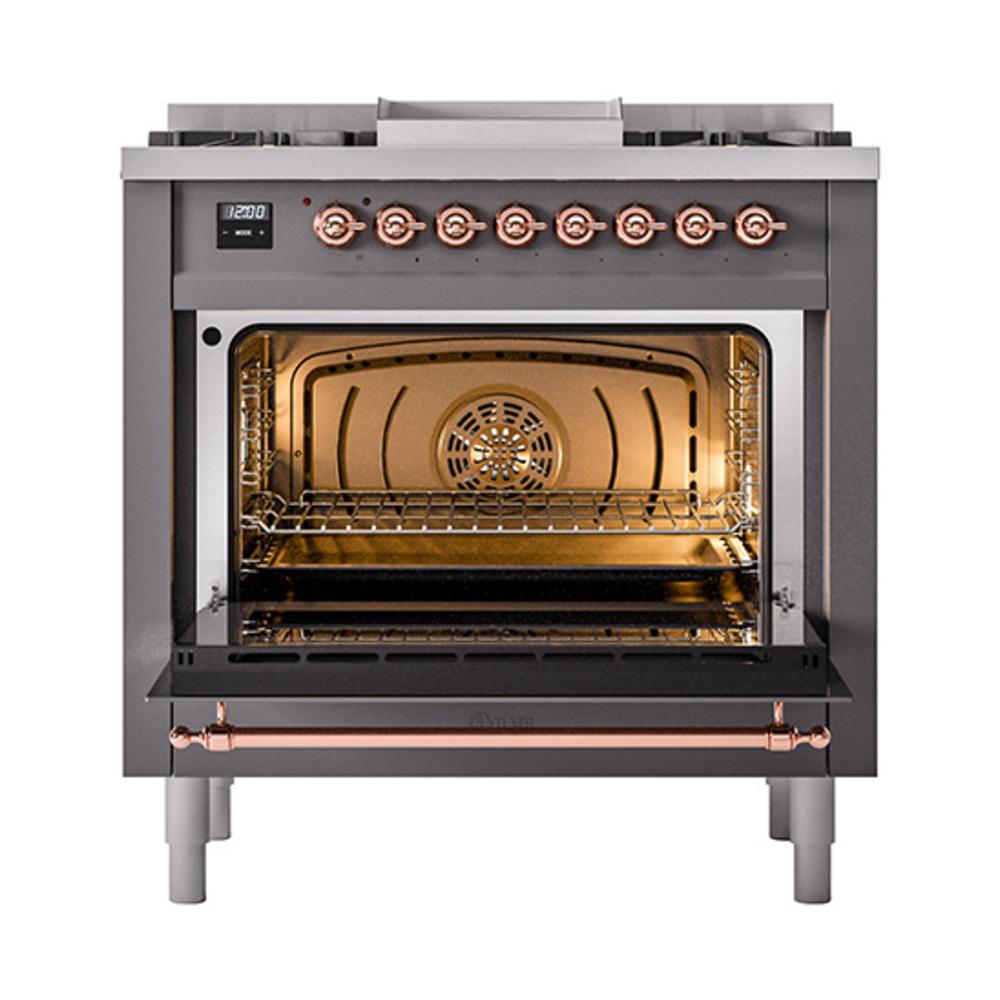 Ilve UN36FNMPMGPLP Ilve Un36Fnmpmgplp Nostalgie Ii Noblesse 36" Dual Fuel Range (Liquid Propane, Triple Glass Door, Graphite Matte, Copper)