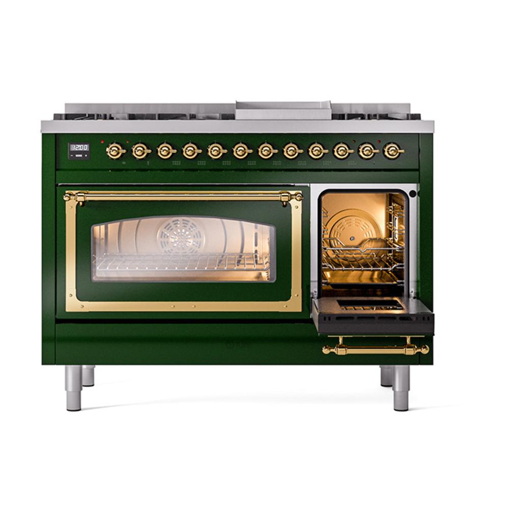 Ilve UN48FNMPEGGLP Ilve Un48Fnmpegglp Nostalgie Ii Noblesse 48" Dual Fuel Range (8 Sealed Burners + Griddle, Liquid Propane, Triple Glass Door, Emerald Green, Brass)