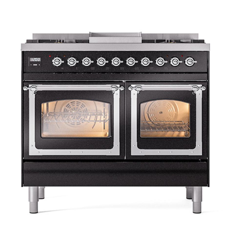 Ilve UND40FNMPBKC Ilve Und40Fnmpbkc Nostalgie Ii Noblesse 40" Dual Fuel Range (Natural Gas, Triple Glass Door, Glossy Black, Chrome)