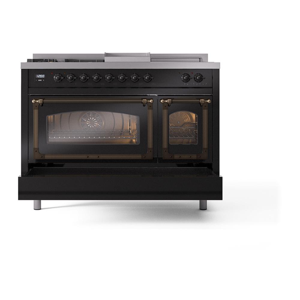 Ilve UN48FSNMPBKBLP Ilve Un48Fsnmpbkblp Nostalgie Ii Noblesse 48" Dual Fuel Range (5 Sealed Burners + Griddle + French Top, Liquid Propane, Triple Glass Door, Glossy Black, Burnished)
